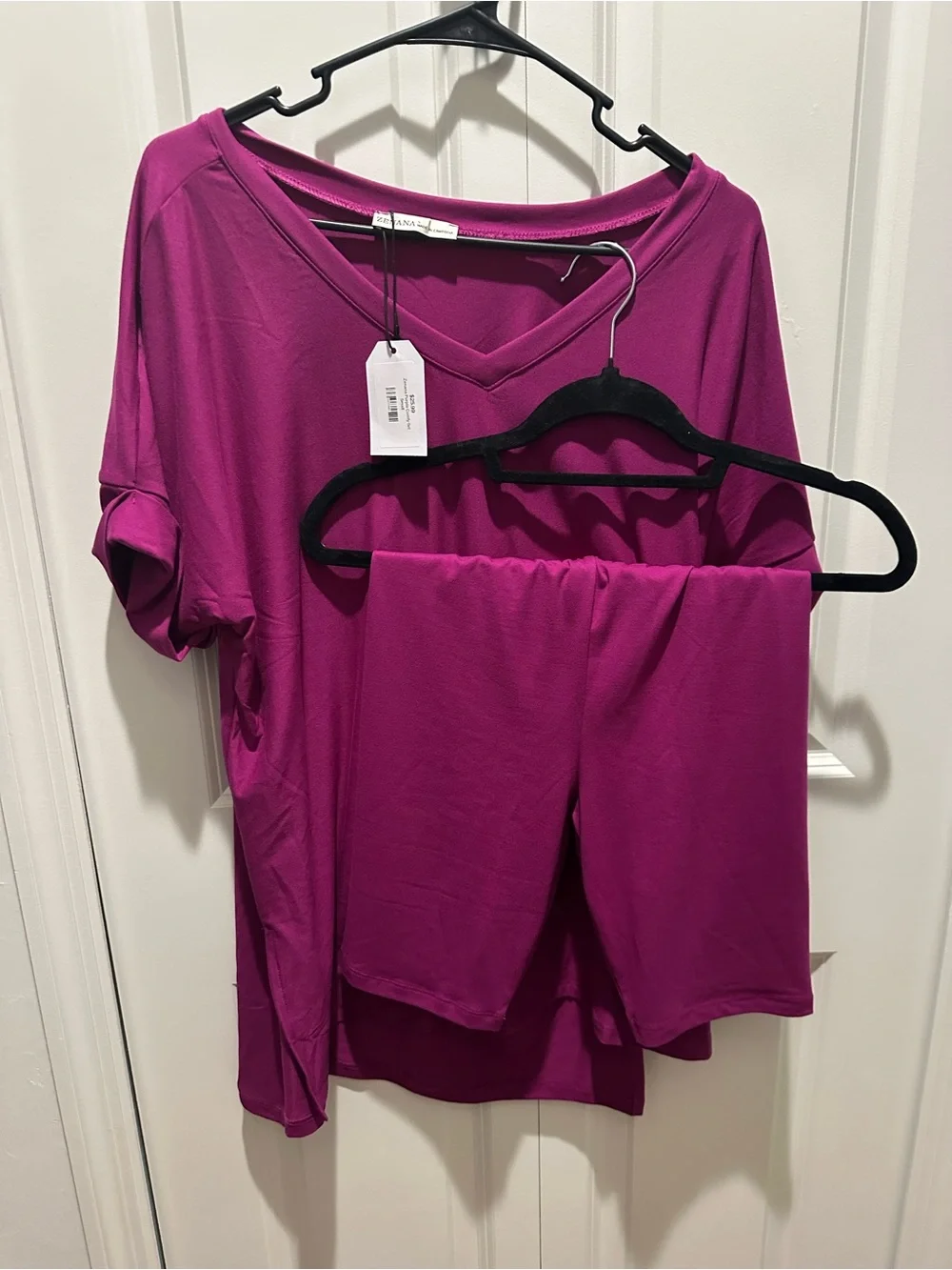 Zenana Outfitters V-Neck Short Sleeve Top and Lounge Shorts - Bright Fuchsia NWT